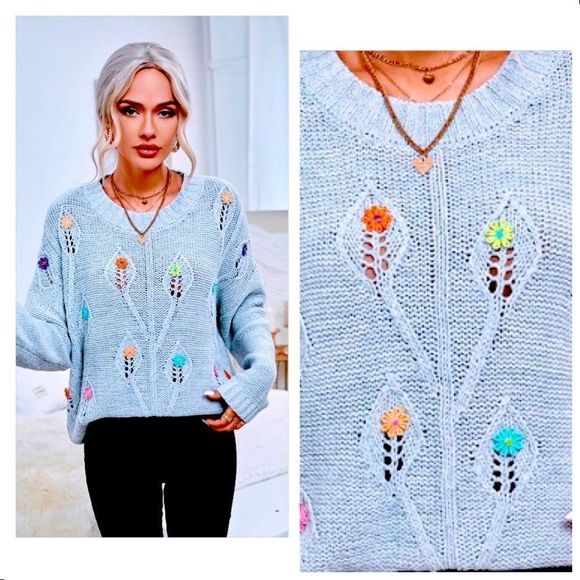 NWT! COLORFUL FLOWER HAND EMBROIDERED DROP SHOULDER POINTELLE KNIT SWEATER-GRAY! - Picture 8 of 14